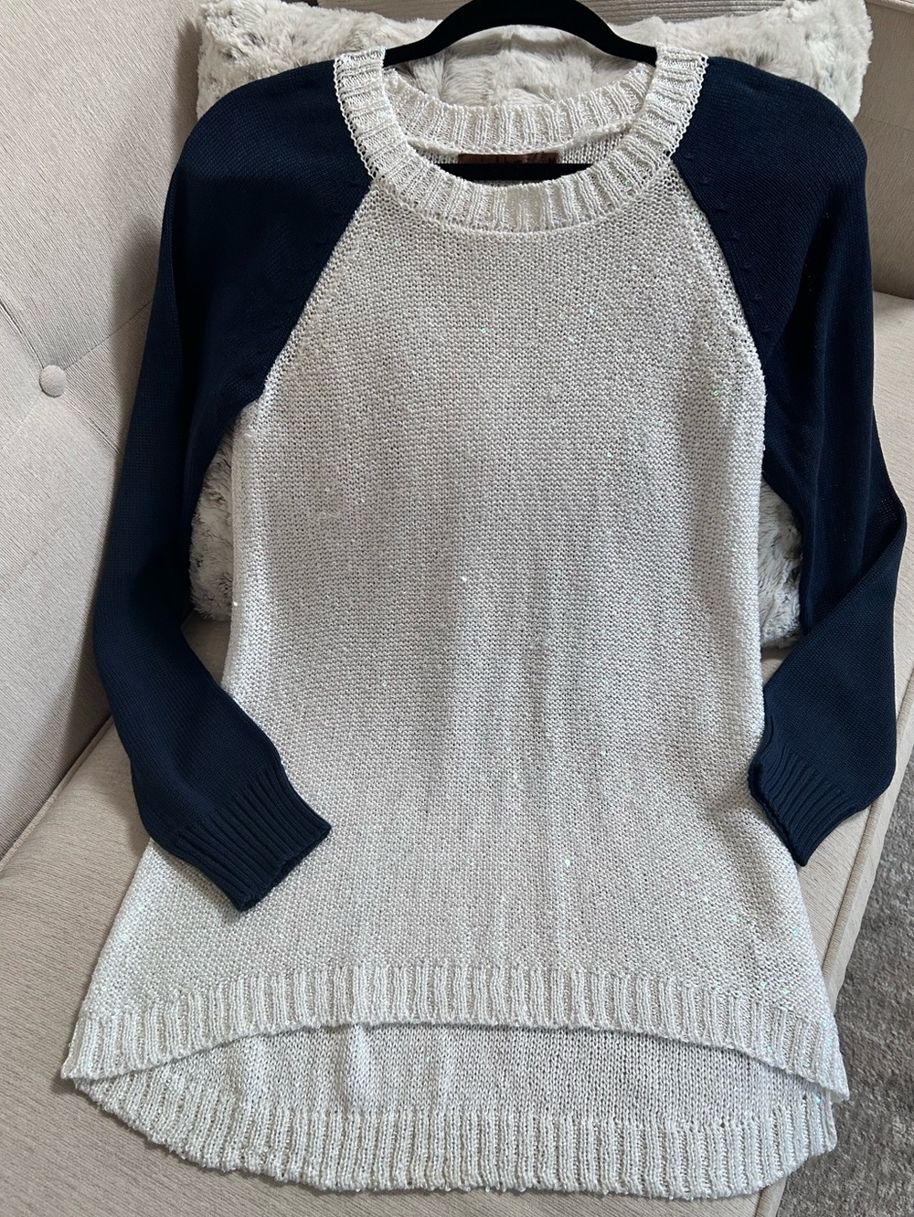Belldini Cream Body Navy Sleeve Crewneck Sweater